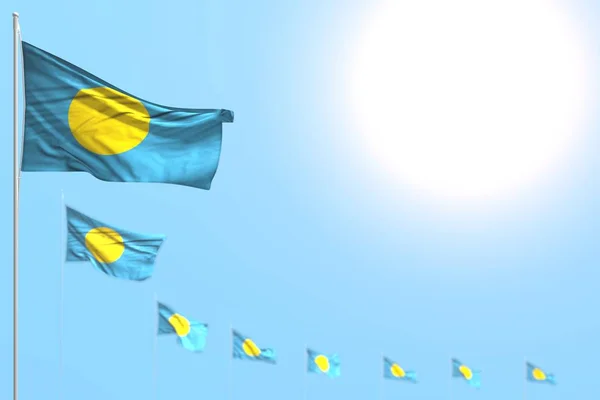 nice many Palau flags placed diagonal with selective focus and free space for your content - any occasion flag 3d illustration