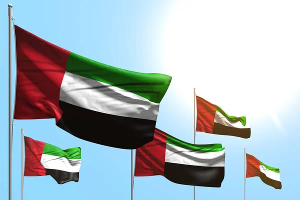 Pretty 5 flags of United Arab Emirates are wave on blue sky background - any holiday flag 3d illustration — Stok Foto