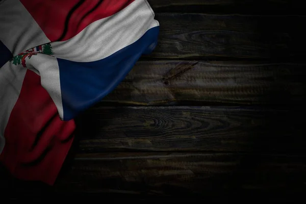 Maravillosa foto oscura de la bandera de República Dominicana con grandes pliegues en madera vieja con lugar vacío para el contenido - cualquier ocasión bandera 3d ilustración —  Fotos de Stock