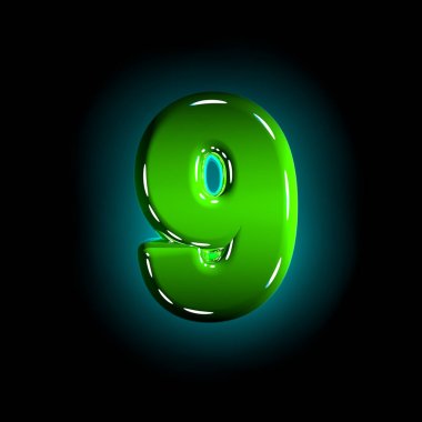 parlak yeşil plastik tasarım yazı tipi - sayı 9 siyah arka plan, sembollerin 3d illüstrasyon izole