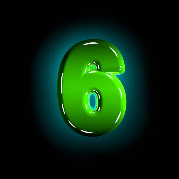 Green number 6 of shine plastic font of white and yellow colors isolated on black color - 3D illustration of symbols — Stock Photo, Image