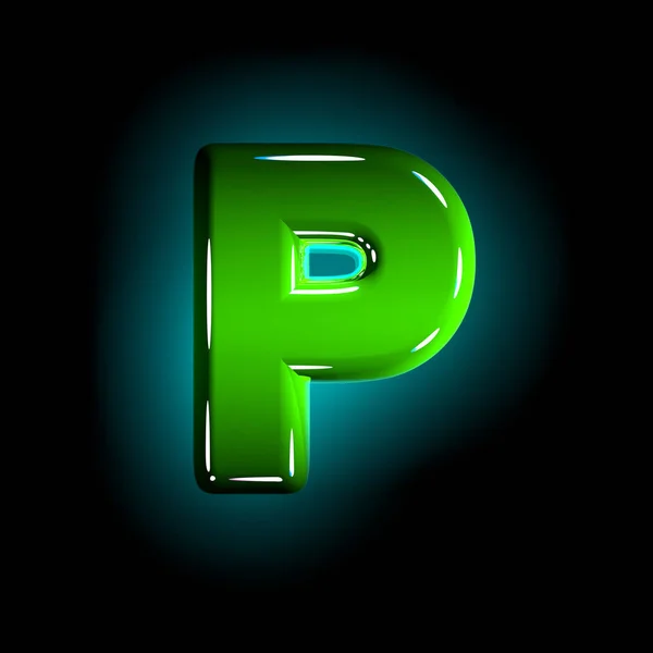 抛光绿色塑料创意字母表 - 字母 P 隔离在黑色背景上，符号的 3D 插图 — 图库照片