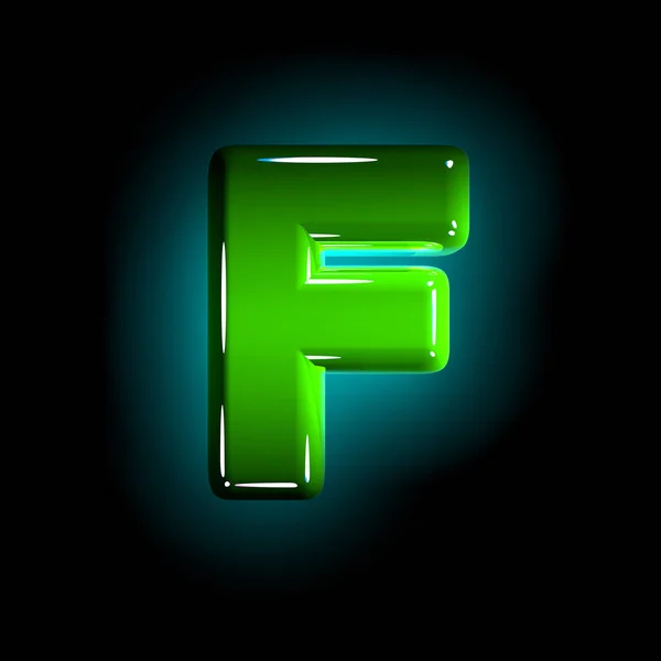 Zöld F betű a fényes műanyag font fehér és sárga színű izolált fekete szín-3D illusztráció szimbólumok — Stock Fotó