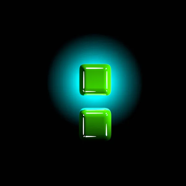 Grüner Doppelpunkt des Glanzes Plastikalphabet weißer und gelber Farben isoliert auf schwarzer Farbe - 3D-Abbildung von Symbolen — Stockfoto