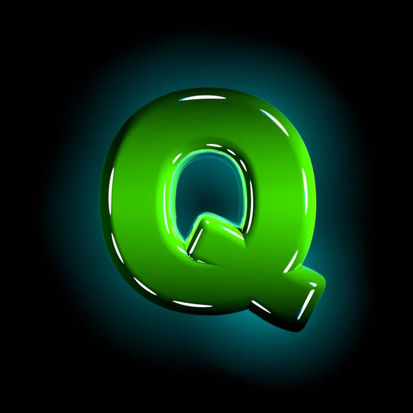 Πράσινο γράμμα Q της πλαστικής γραμματοσειράς λάμψη λευκό και κίτρινο χρώματα απομονώνονται σε μαύρο χρώμα-3D απεικόνιση των συμβόλων — Φωτογραφία Αρχείου