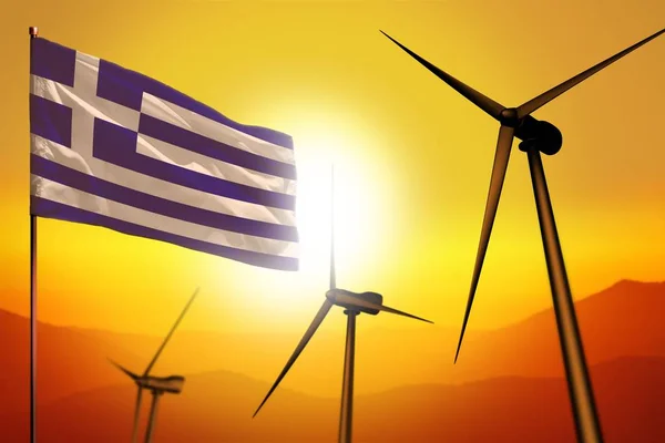 Grecia energía eólica, concepto de medio ambiente de energía alternativa con turbinas eólicas y bandera en la ilustración industrial de puesta de sol - energías alternativas renovables, ilustración 3D — Foto de Stock