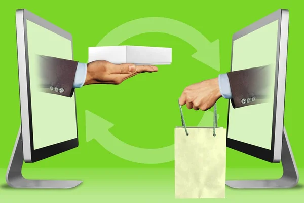 Bedrijfsconcept, twee wijzers van displays. hand met witte tablet computer doos en hand met boodschappentas. 3D-illustratie — Stockfoto