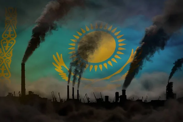 Dark pollution, fight against climate change concept - plant pipes heavy smoke on Kazakhstan flag background - industrial 3D illustration