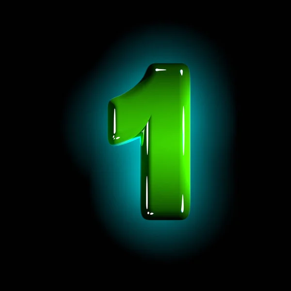 Glanzend groen plastic ontwerp lettertype-nummer 1 geïsoleerd op zwarte achtergrond, 3D illustratie van symbolen — Stockfoto