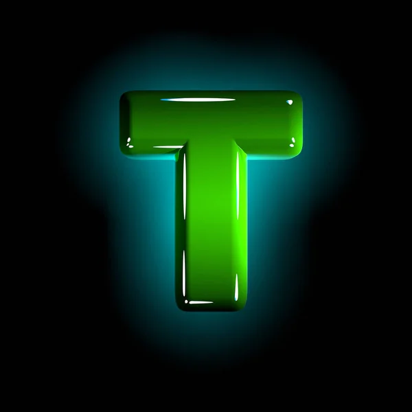 Shine green plastic design font - letter T isolated on black background, 3D illustration of symbols — Stock Photo, Image