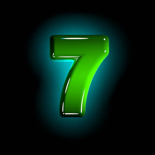 Shining green plastic design alphabet - number 7 isolated on black background, 3D illustration of symbols — Stock Photo, Image