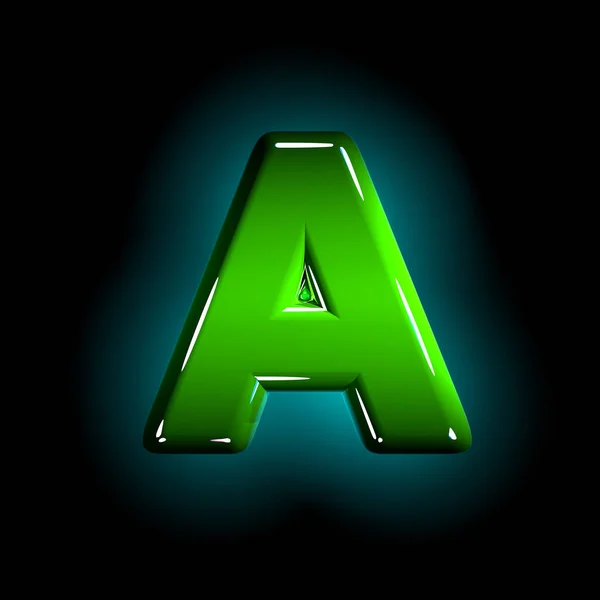 Green letter A of shining plastic font of white and yellow colors isolated on black color - 3D illustration of symbols — Stock Photo, Image