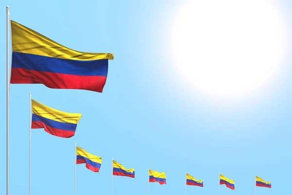 Wonderful many Colombia flags placed diagonal on blue sky with space for content - any feast flag 3d illustration — Stock Photo, Image