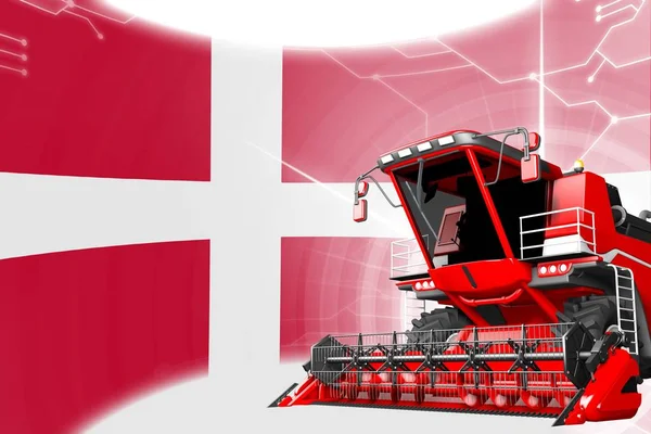 Agriculture innovation concept, red advanced rye combine harvester on Denmark flag - digital industrial 3D illustration