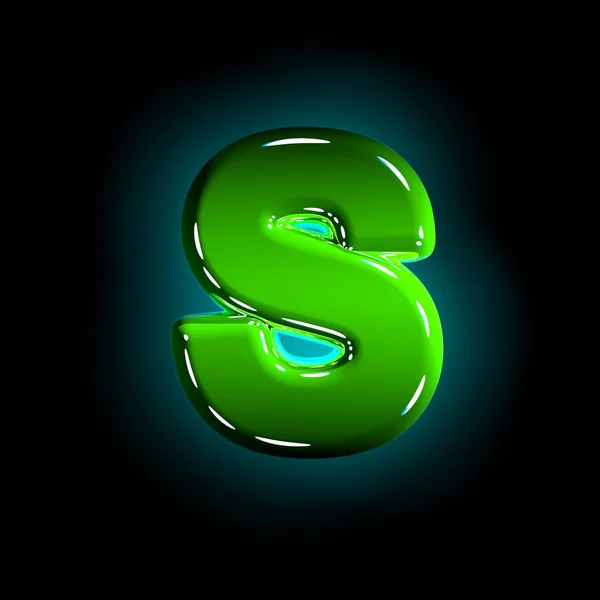 Polished green plastic design alphabet - letter S isolated on black background, 3D illustration of symbols — Stock Photo, Image