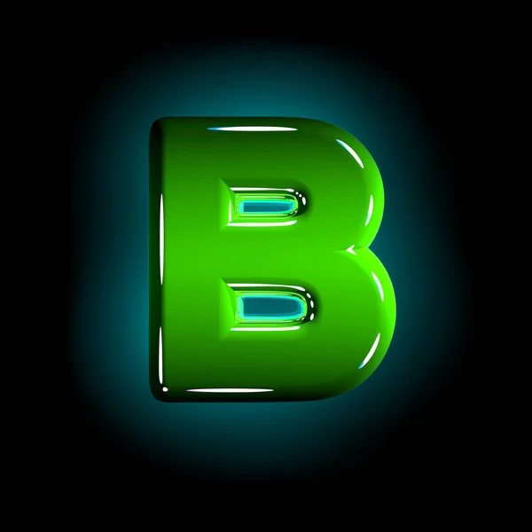 Shine green plastic design alphabet - letter B isolated on black background, 3D illustration of symbols — Stock Photo, Image