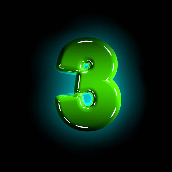 Glänzende grüne Kunststoff-Schrift - Nummer 3 isoliert auf schwarzem Hintergrund, 3D-Abbildung von Symbolen — Stockfoto