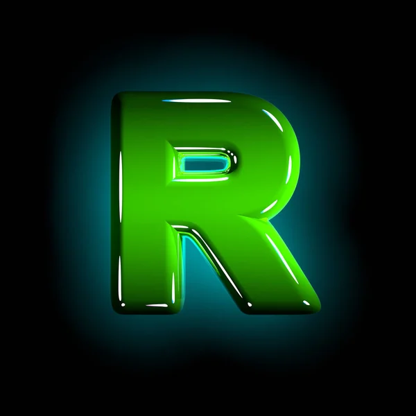 Сияющий зеленый пластиковый креативный шрифт - буква R изолирована на черном фоне, 3D иллюстрация символов — стоковое фото
