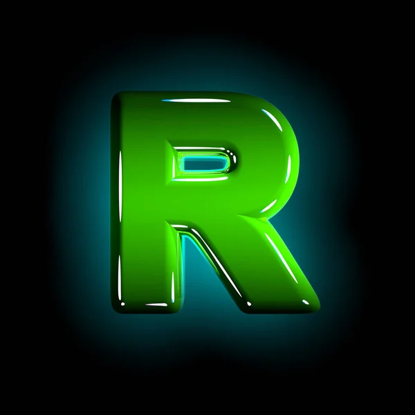 Glanzende groene kunststof creatieve lettertype-letter R geïsoleerd op zwarte achtergrond, 3D illustratie van symbolen — Stockfoto