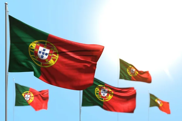 Belle 5 drapeaux du Portugal sont vagues contre ciel bleu photo avec mise au point sélective - tout drapeau de vacances illustration 3d — Photo