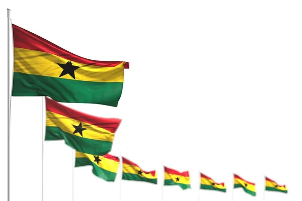 Schöne ghana isolierte Flaggen diagonal platziert, Bild mit Bokeh und Platz für Text - jede Gelegenheit Flagge 3d Illustration — Stockfoto