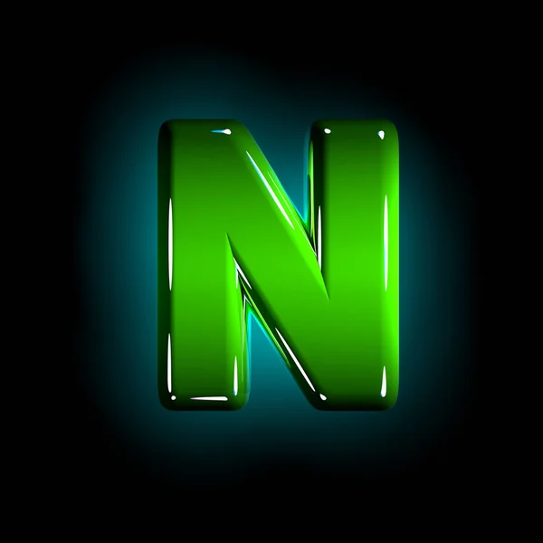 Глянцевый зеленый пластиковый креативный шрифт - буква N изолированная на черном фоне, 3D иллюстрация символов — стоковое фото