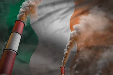 İrlanda kirlilik mücadele kavramı - bayrak arka plan, endüstriyel 3d illüstrasyon yoğun duman ile iki büyük sanayi boruları