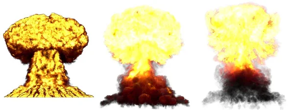 3D illustratie van explosie-3 grote zeer hoge gedetailleerde verschillende fasen paddestoel wolk explosie van atoombom met rook en brand geïsoleerd op wit — Stockfoto