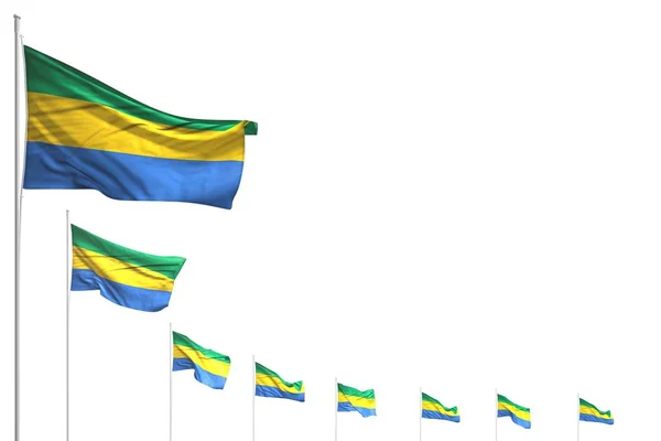 Bastantes banderas de Gabón colocadas diagonal aislado en blanco con espacio para su contenido - cualquier fiesta bandera 3d ilustración — Foto de Stock