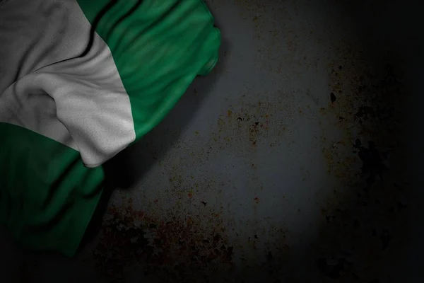 Wonderful dark image of Nigeria flag with big folds on rusty metal with empty place for content - any occasion flag 3d illustration — Stock Photo, Image
