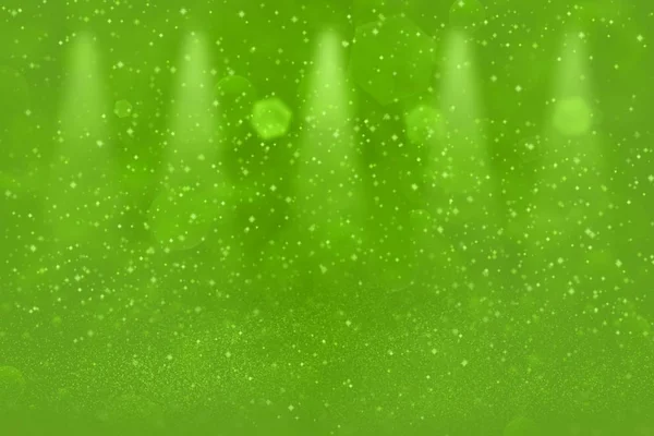 Verde maravilhoso brilhante brilho luzes desfocado palco holofotes bokeh abstrato fundo com faíscas voar, festal textura mockup com espaço em branco para o seu conteúdo — Fotografia de Stock
