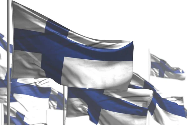 美妙的许多芬兰国旗挥舞着孤立的白色 - 照片与选择性的焦点 - 任何盛宴旗3D插图 — 图库照片