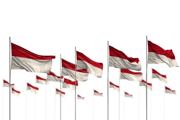 Wspaniałe Monaco izolowane flagi umieszczone w rzędzie z bokeh i miejsce dla treści-wszelkie uroczystości flaga 3D ilustracji — Zdjęcie stockowe
