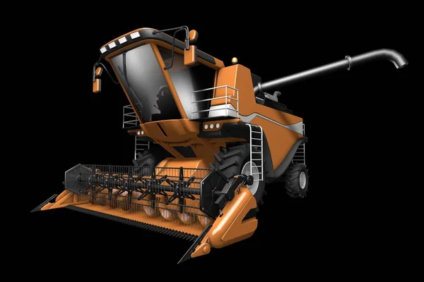 Industrial 3D illustration of big rendered orange farm agricultural harvester with harvest pipe detached front view isolated on black — Stock Photo, Image