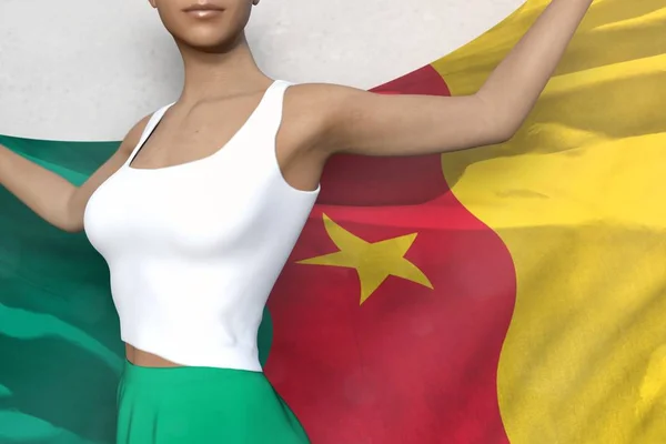Junge Frau im hellen Rock hält Kamerunafahne in den Händen hinter ihrem Rücken auf weißem Hintergrund - Fahnenkonzept 3D-Illustration — Stockfoto