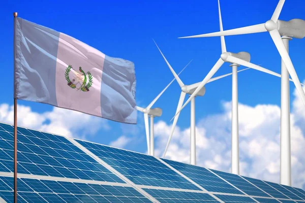 Guatemala güneş ve rüzgar enerjisi, güneş panelleri ile yenilenebilir enerji kavramı - küresel ısınmaya karşı yenilenebilir enerji - endüstriyel illüstrasyon, 3d illüstrasyon — Stok fotoğraf