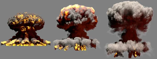 3D illustration of explosion - 3 huge different phases fire mushroom cloud explosion of nuclear bomb with smoke and flame isolated on grey background
