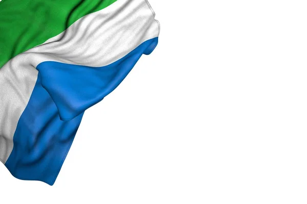 Bella bandiera della Sierra Leone con grandi pieghe che giacciono nell'angolo in alto a sinistra isolato sul bianco - qualsiasi bandiera celebrazione illustrazione 3d — Foto Stock