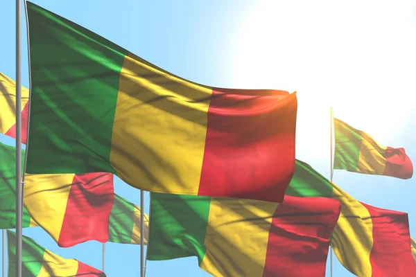 Lindo muchas banderas de Malí son ola sobre fondo azul cielo - cualquier celebración bandera 3d ilustración — Foto de Stock
