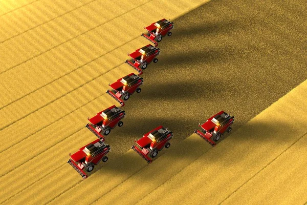 Industrial 3D illustration of many red grain combine harvesters working on the large golden field - view from above in aero shoot style — Stock Photo, Image