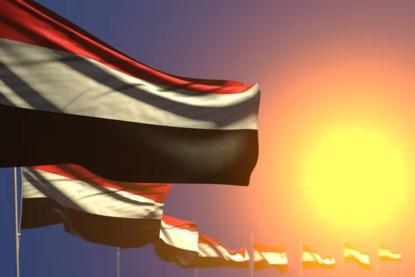 Bello molte bandiere Yemen sul tramonto collocato diagonale con soft focus e lo spazio per il contenuto - qualsiasi bandiera vacanza illustrazione 3d — Foto Stock