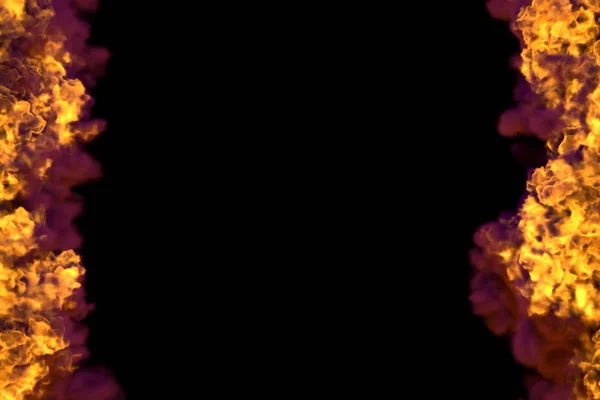 Огонь 3D иллюстрация таинственного светящегося ада рамка изолированы на черном фоне с тяжелым дымом - сверху и снизу пусты, огненные линии слева и справа — стоковое фото