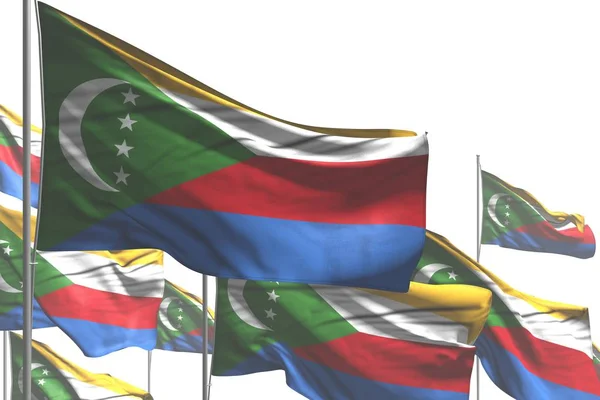 Carino molte bandiere delle Comore sono onda isolata sul bianco - qualsiasi bandiera festa 3d illustrazione — Foto Stock
