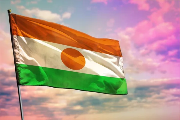 Csapkodott Niger zászlót a színes felhős égbolt háttérben. Jólét koncepció. — Stock Fotó