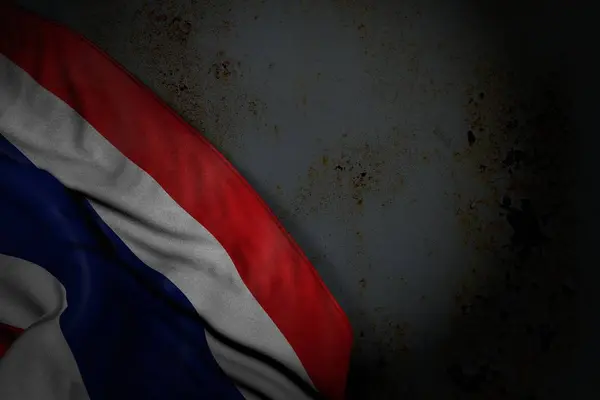 Niedliches dunkles Bild der thailändischen Flagge mit großen Falten auf rostigem Metall mit leerem Raum für Ihren Inhalt - jede Festflagge 3D-Illustration — Stockfoto