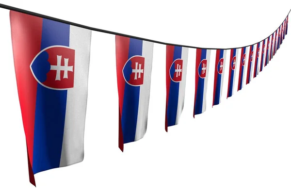 Piękne wiele flag Słowacji lub banery zawiesza przekątnej z perspektywy widoku na ciąg na białym tle-wszelkie wakacje flaga 3D ilustracji — Zdjęcie stockowe
