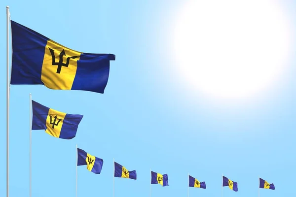Beautiful many Barbados flags placed diagonal on blue sky with space for text - any occasion flag 3d illustration — Stock Photo, Image