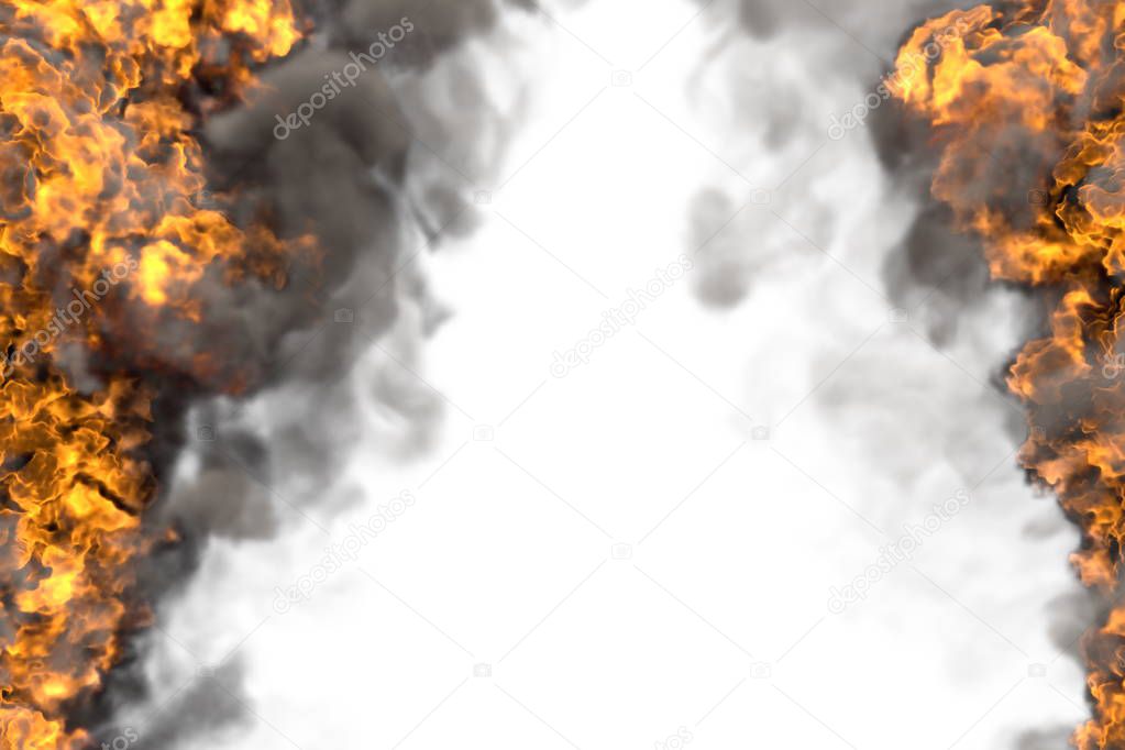 space flaming fireplace with heavy smoke frame isolated on white - fire lines from sides left and right, top and bottom are empty - fire 3D illustration