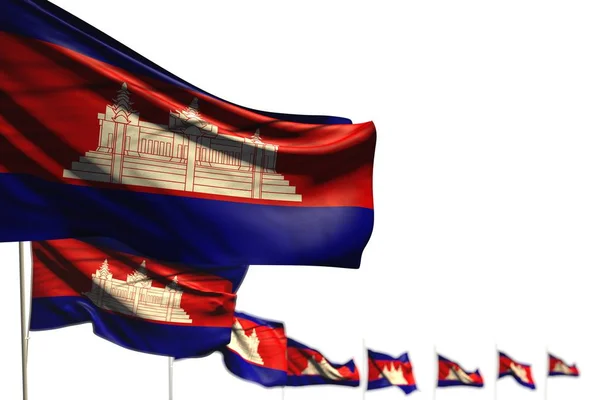 Lindo Camboya banderas aisladas colocadas diagonal, ilustración con bokeh y lugar para su texto - cualquier bandera de vacaciones 3d ilustración — Foto de Stock