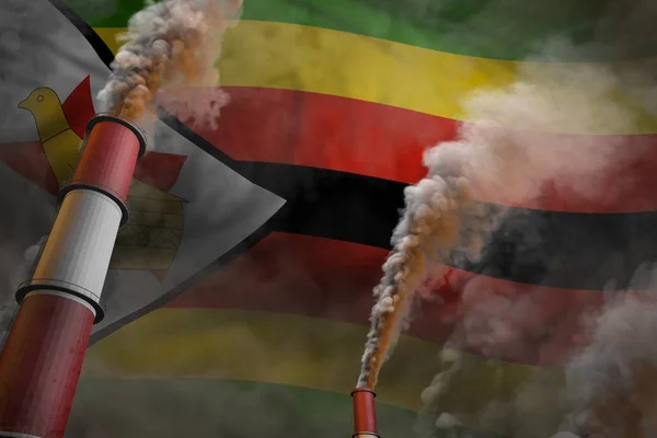 Luta contra a poluição no conceito Zimbábue ilustração 3D industrial de duas grandes chaminés da indústria com fumaça pesada no fundo da bandeira — Fotografia de Stock